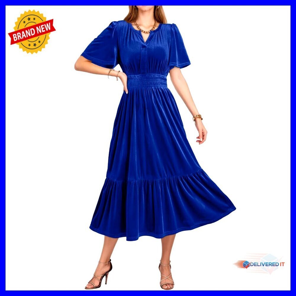 Velvet Midi Dress V Neck Flared Sleeves Tiered Ruffle Hem Wedding Guest